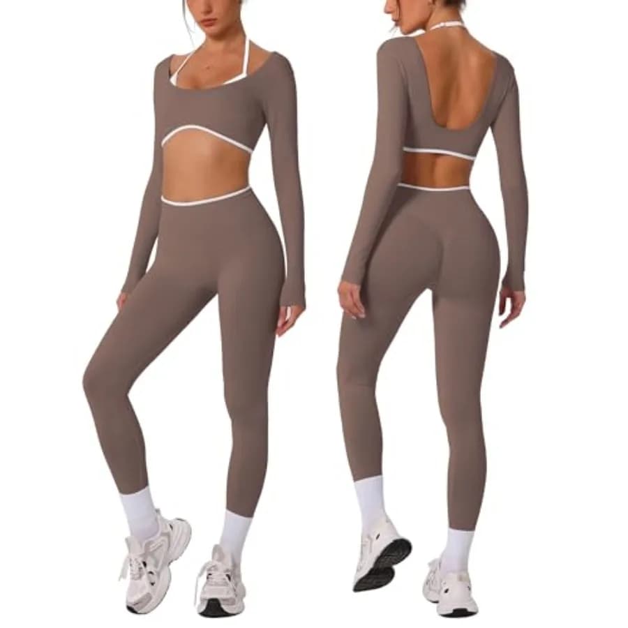 Set da Allenamento ABOCIW per Donne, Top Corto a Maniche Lunghe e Leggings a Vita Alta Modellanti, Completo 2 Pezzi per Palestra e Yoga