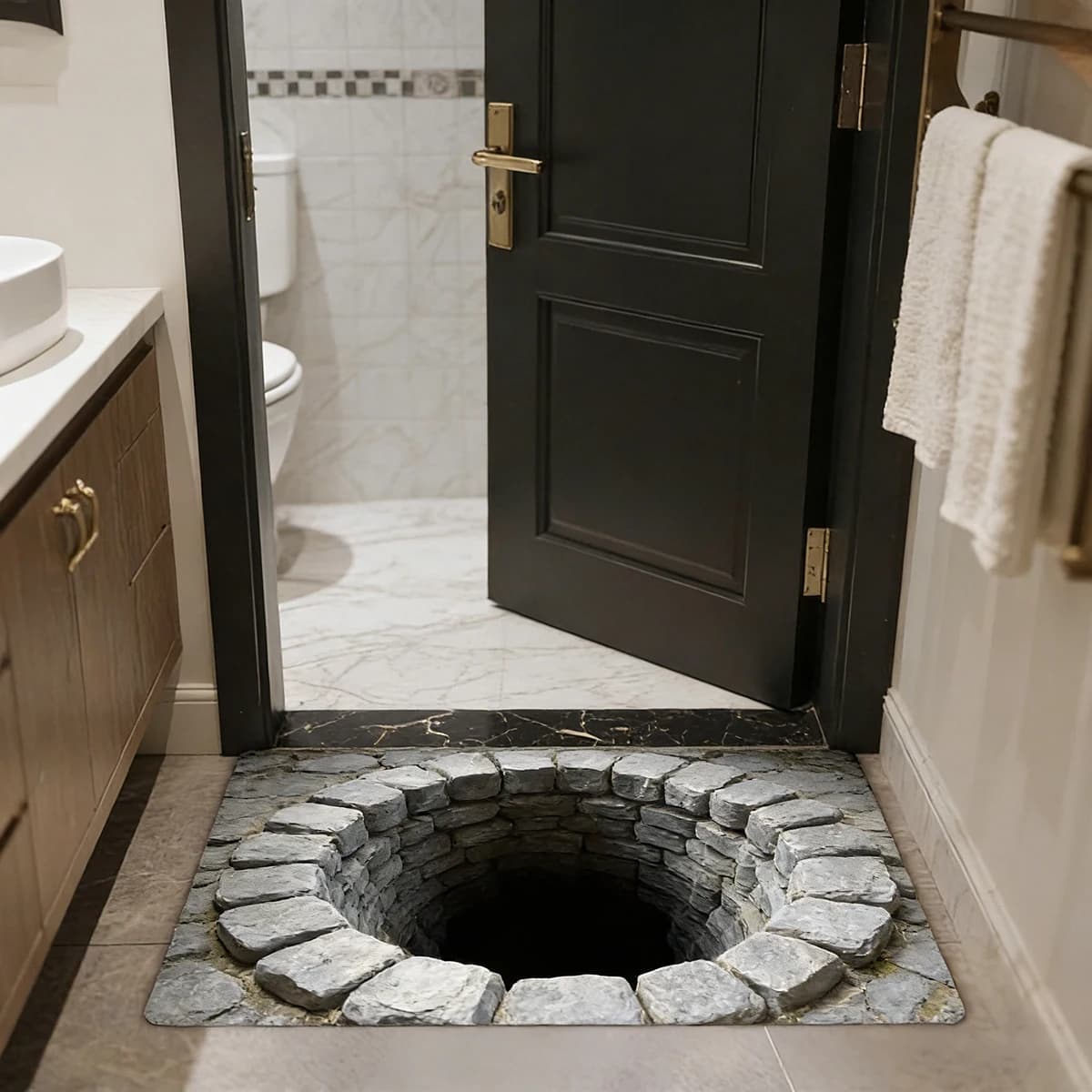 Tappeto illusione con foro 3D, zerbino con design a foro senza fondo con illusione ottica 3D antiscivolo per porta d'ingresso, bagno, soggiorno