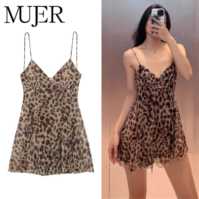 MUJER 2025 Mini abito in tulle Donna Abito sottoveste con stampa leopardata Donna Abiti corti sexy senza schienale per le donne Abiti da festa drappeggiati