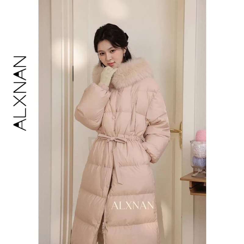 ALXNAN Giacca Invernale Rosa da Donna 2026 con Cappuccio in Pelliccia Naturale, Cappotto Lungo e Caldo, Parka Elegante e alla Moda Femminile L59131