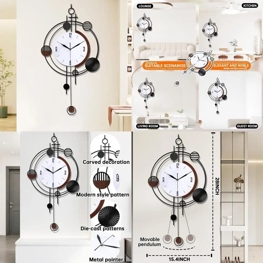 Orologio da Parete Silenzioso a Pendolo con Movimento al Quarzo, 15.4x28, Grande Rotondo Analogico per Arredamento Casa, Nero