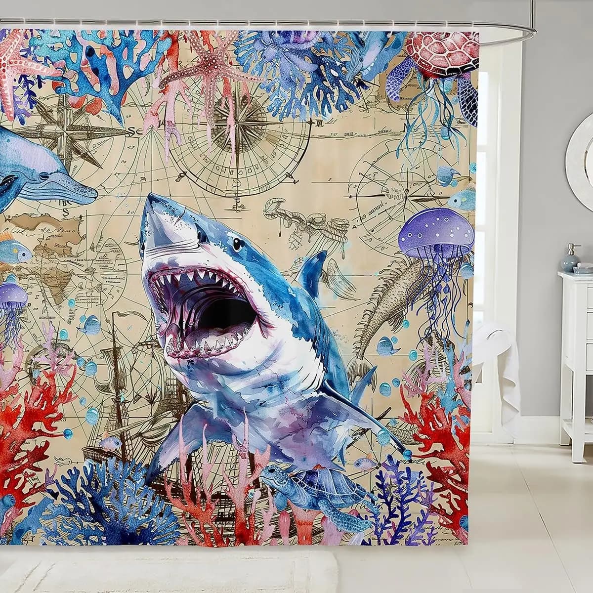 Tenda da doccia con mappa del barriera corallina Ocean Shark, stampa animali marini subacquei, impermeabile, decorativa per il bagno