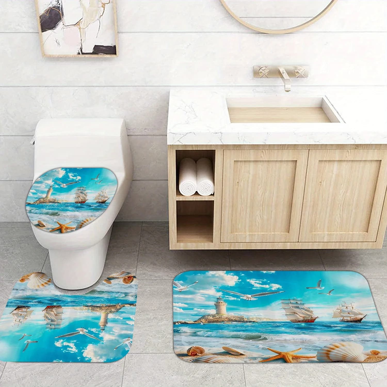 3 pezzi ​ ​ Set tappetino da bagno Coastal Lighthouse - Tappeto nautico antiscivolo e coperchio per l'arredamento del bagno al mare e fascino marittimo ​
