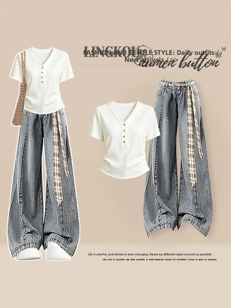 Casual Vintage Style Women's Two-Piece Set Short Sleeve V-Neck T-Shirt And Slimming Distressed Denim Jeans Summer Collection