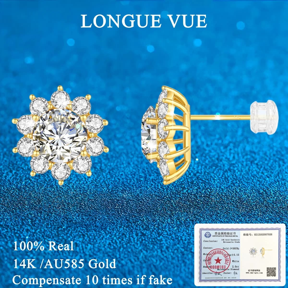 Orecchini in oro 14 carati 100% autentico con moissanite da 1 carato per donna, orecchini a fiore con diamanti scintillanti, piercing per l'orecchio, gioielli per matrimonio e fidanzamento.