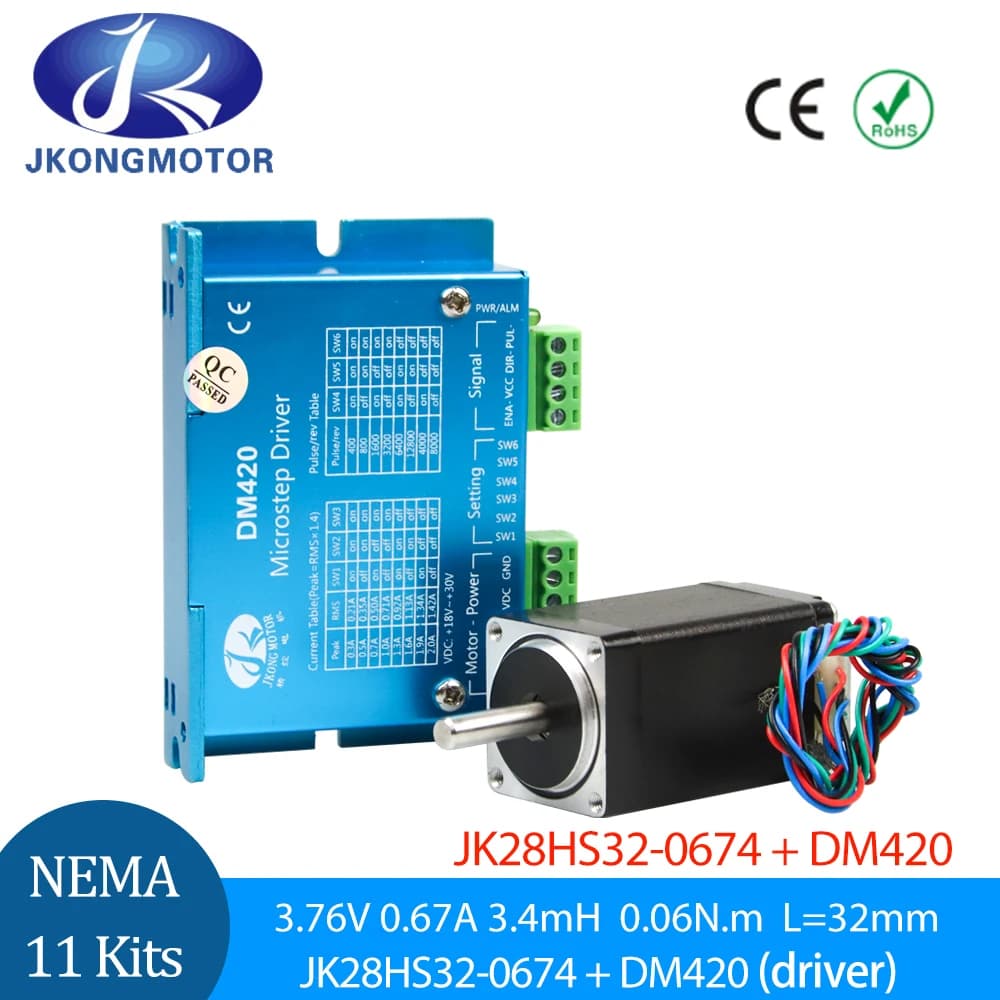 Kit motore passo-passo Jkongmotor Nema11 Motore passo-passo ibrido bifase 0,67A 6Ncm 28x32mm + DM420 per stampante 3D fai da te
