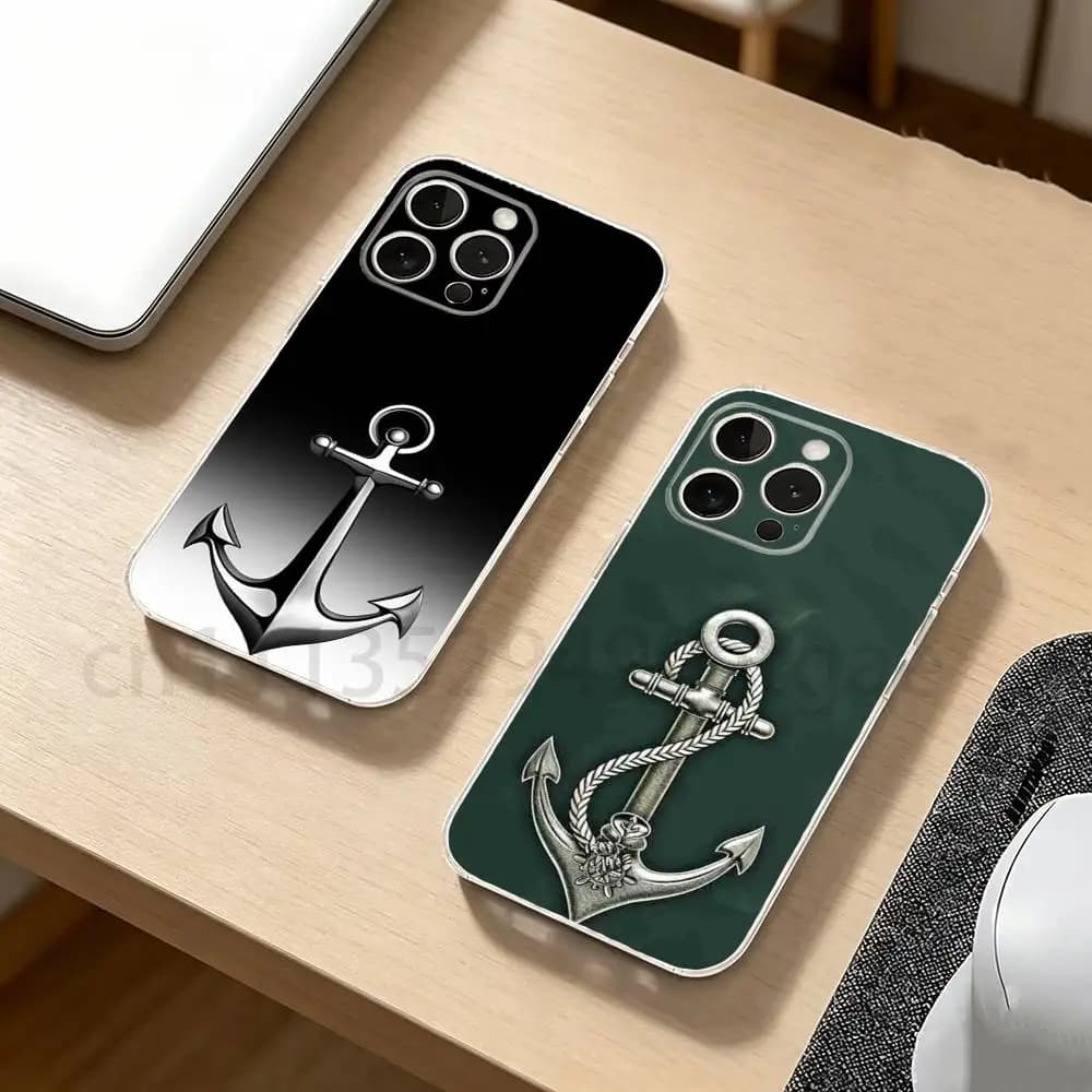 Custodia Morbida Trasparente per iPhone 17, 16, 15, 14, 13, 12, 11, XR, Pro, Max, Plus, Mini con Motivo Ancora, Barca e Timone