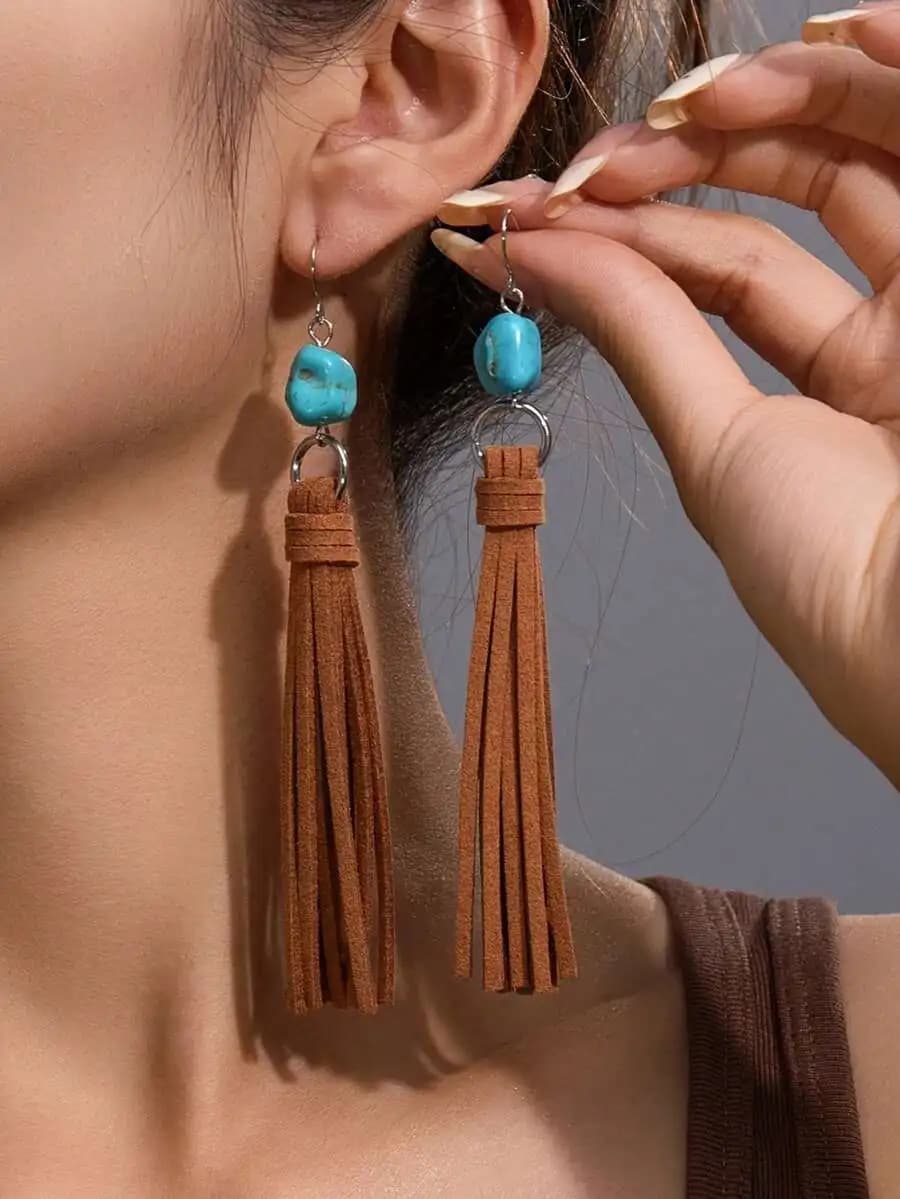 Orecchini con frange in camoscio marrone con pietra turchese e gancio in lega per donna, da indossare tutti i giorni o per le feste