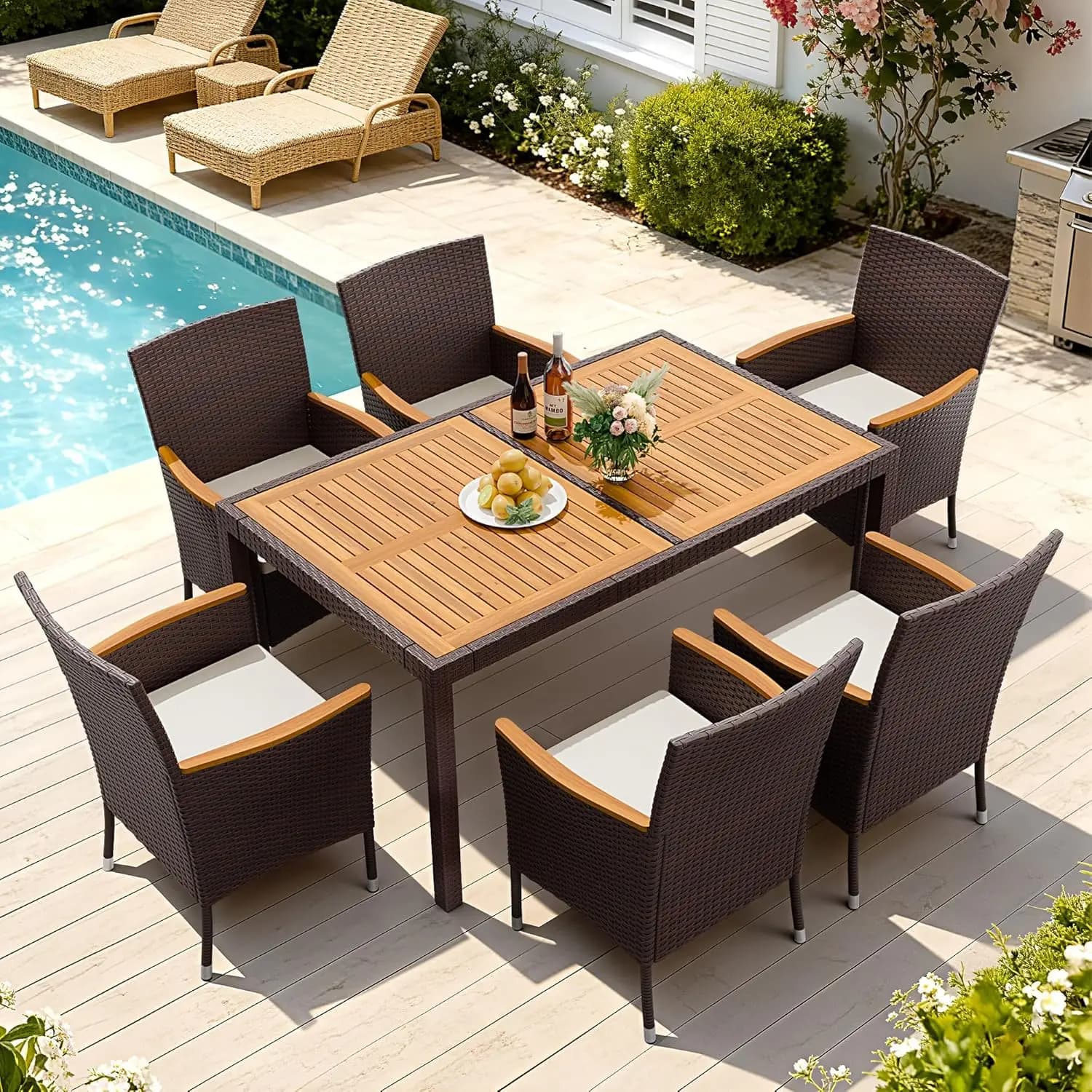 7 Piece Patio Dining Set Acacia Wood Table Top Outdoor Rattan Chairs Beige Cushions Garden Backyard, Custom