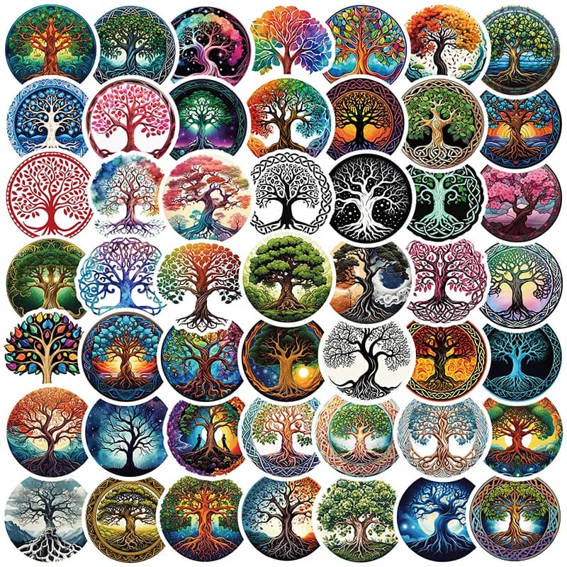 50 Pezzi Adesivi Graffiti Albero della Vita, Decorazioni Estetiche Fai-da-Te per Cancelleria, Chitarra, Quaderni, Creatività, Impermeabili, Giocattoli per Bambini, Regalo