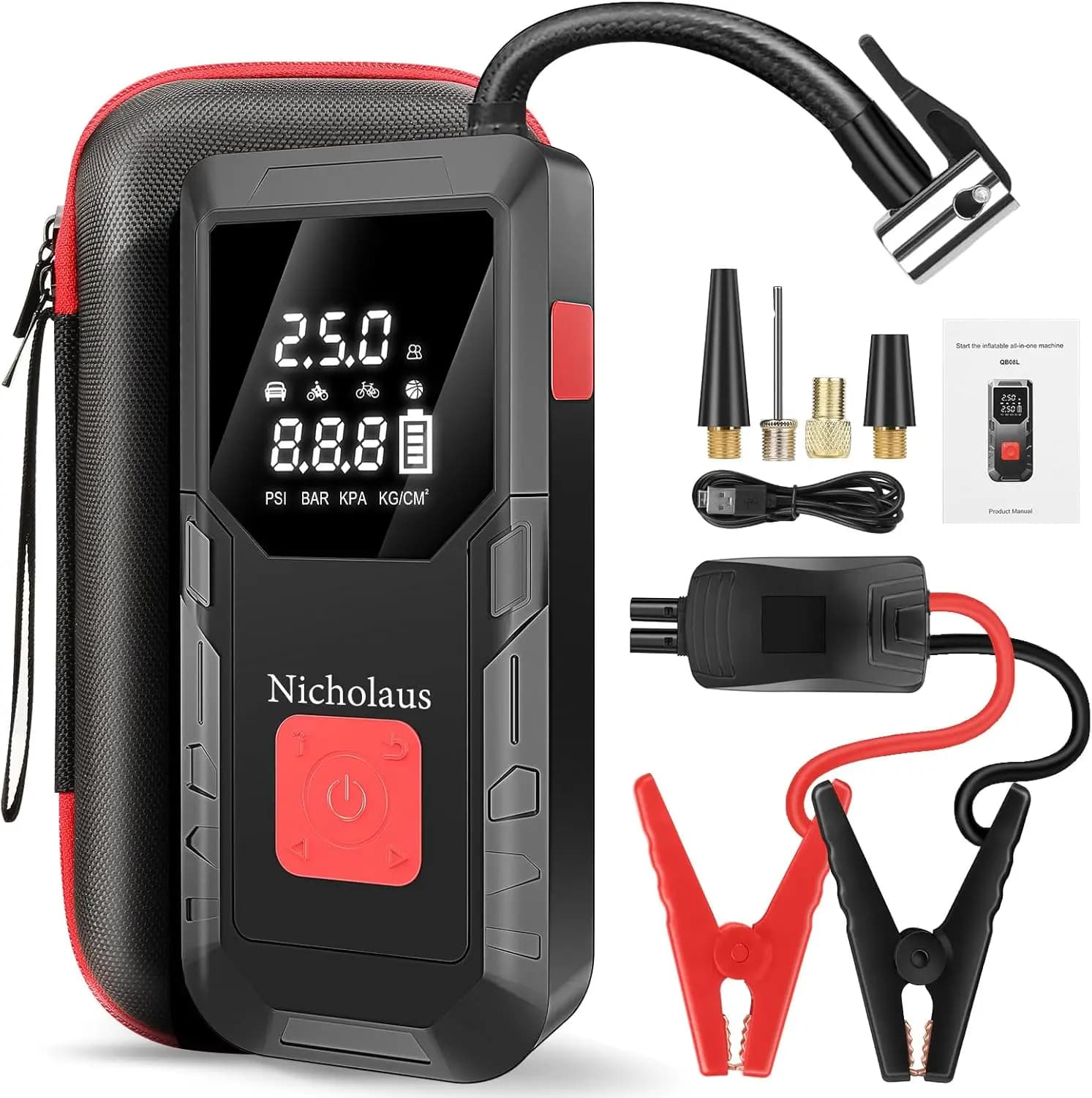 Avviatore d'Emergenza per Auto 12V 8000mAh con Compressore d'Aria 150PSI, Picco 2800A per Motori Benzina/Diesel, Power Bank Portatile