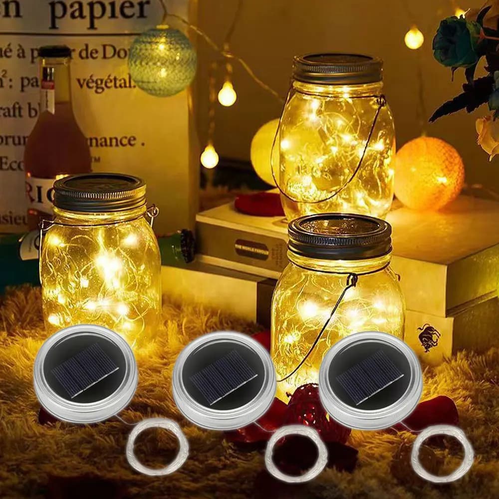 Luci del coperchio del barattolo di vetro a energia solare a LED 1M / 2M Luce fata impermeabile Ghirlanda esterna fai da te Luci per decorazioni da giardino per matrimoni di Natale