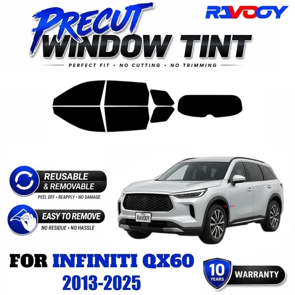RAVOOY Precut Window Tint, Reusable Removable EPU Film, Custom Fit for Infiniti QX60 2013-2025, UV Heat Protection