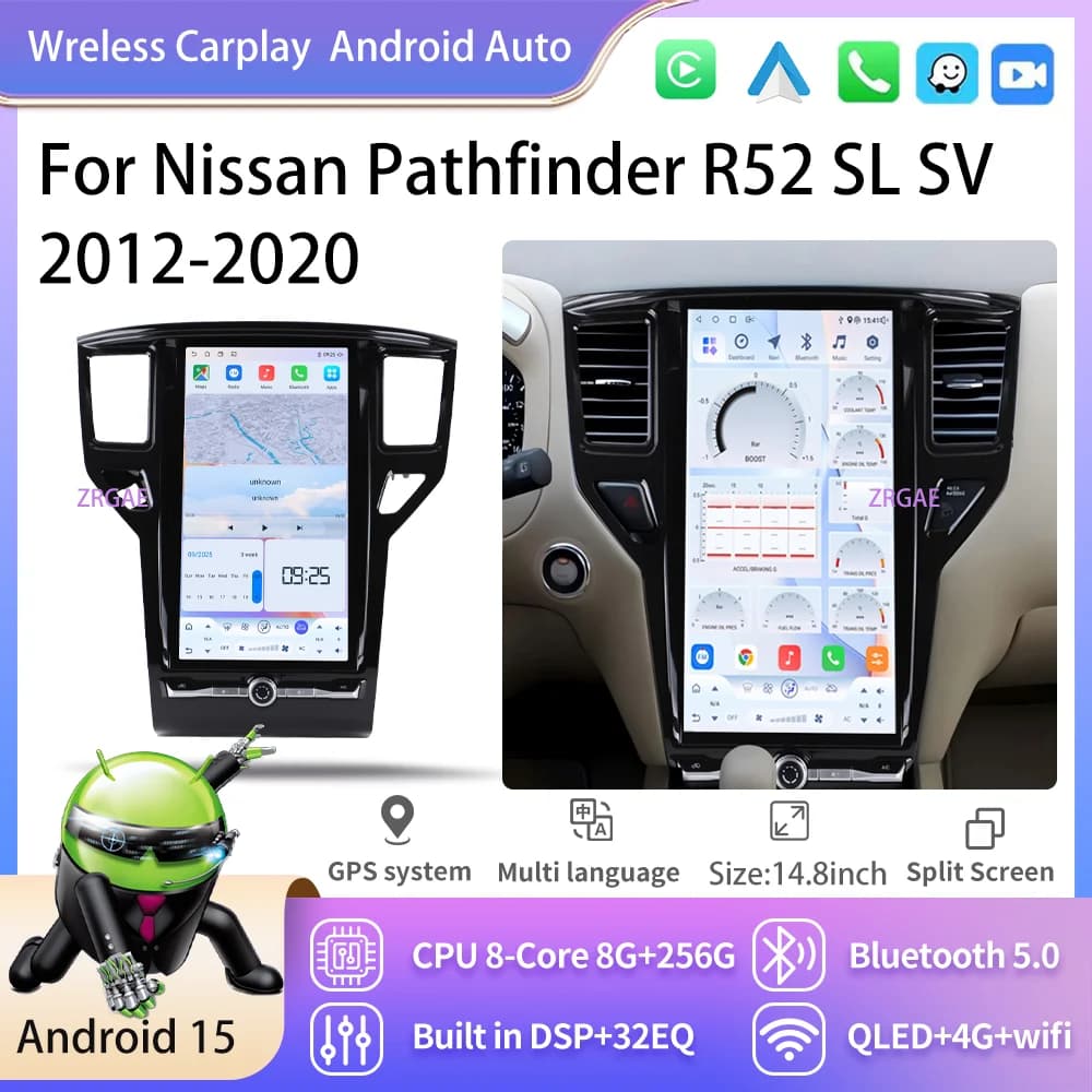 14.8 ''Android15 Autoradio For Nissan Pathfinder R52 SL SV 2012-2020 Multimedia Tesla Style Wireless Carplay Auto Stere