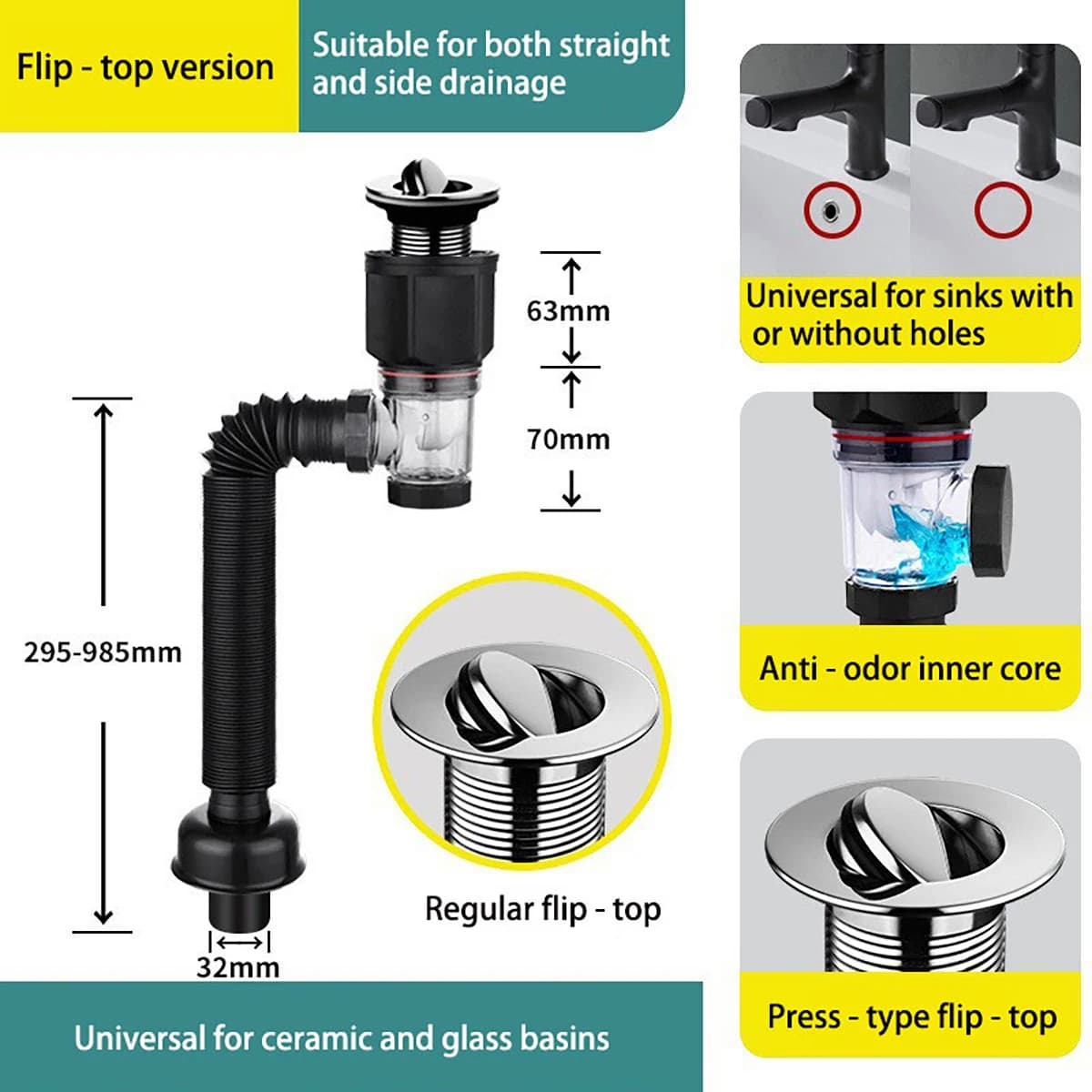 Tubo telescopico da cucina, materiale ABS, lunghezza regolabile 300-900 mm, bagno/balcone/cucina, design speciale antiodore