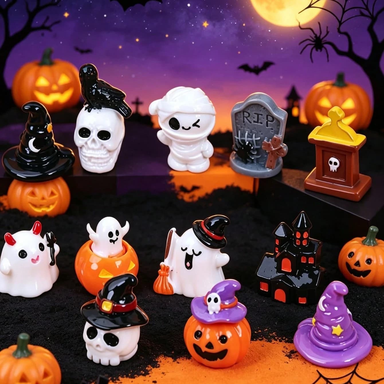 12Pcs Resin Pumpkin Ghost Castle Desktop Ornaments Halloween Tabletop Decor Holiday Party Favor Gift Holiday Gift Ornaments