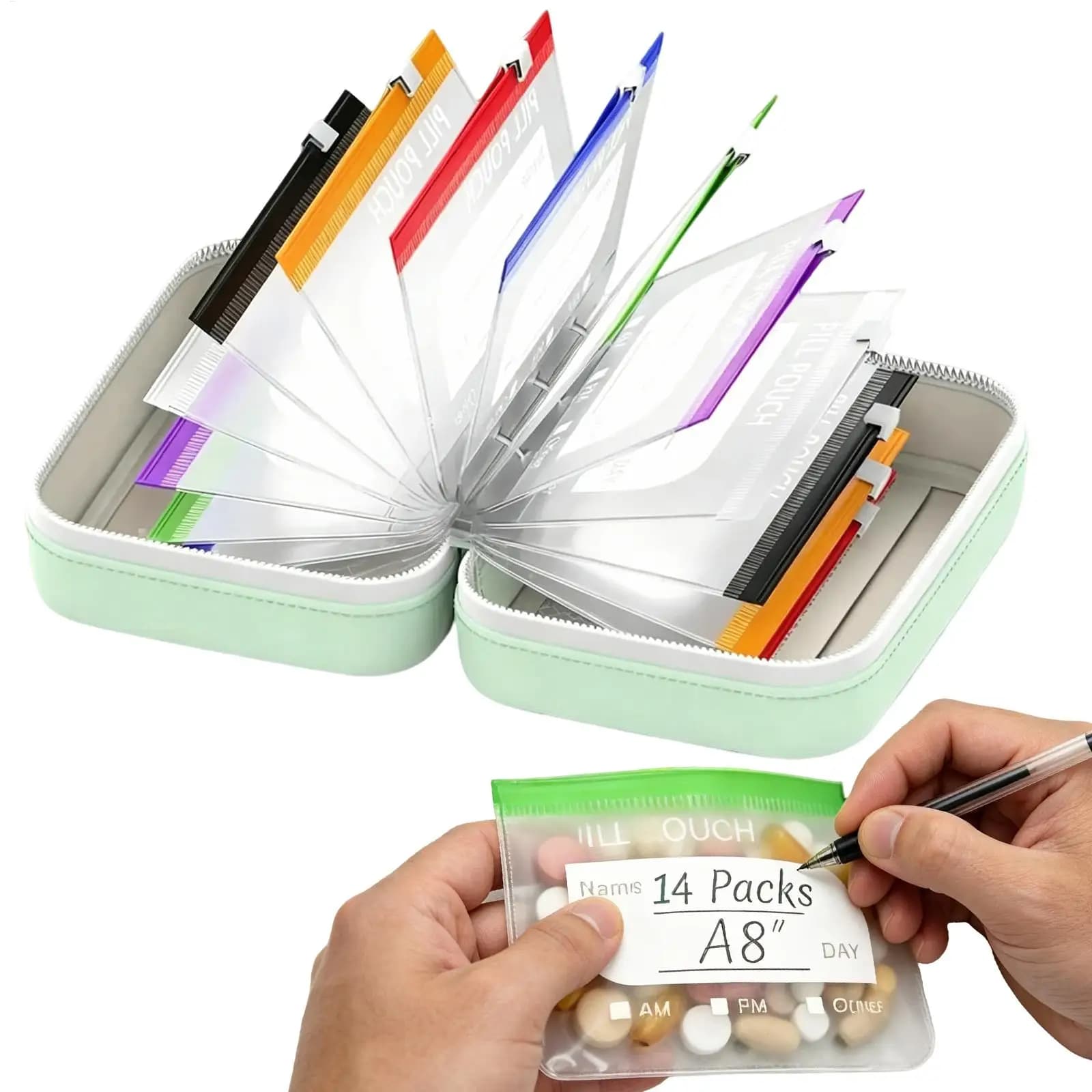 14 Grid Color Coded Pill Pouch, Waterproof Leak-Proof Silicone Travel Case, Reusable Medicine Organizer for Vitamins Supplements