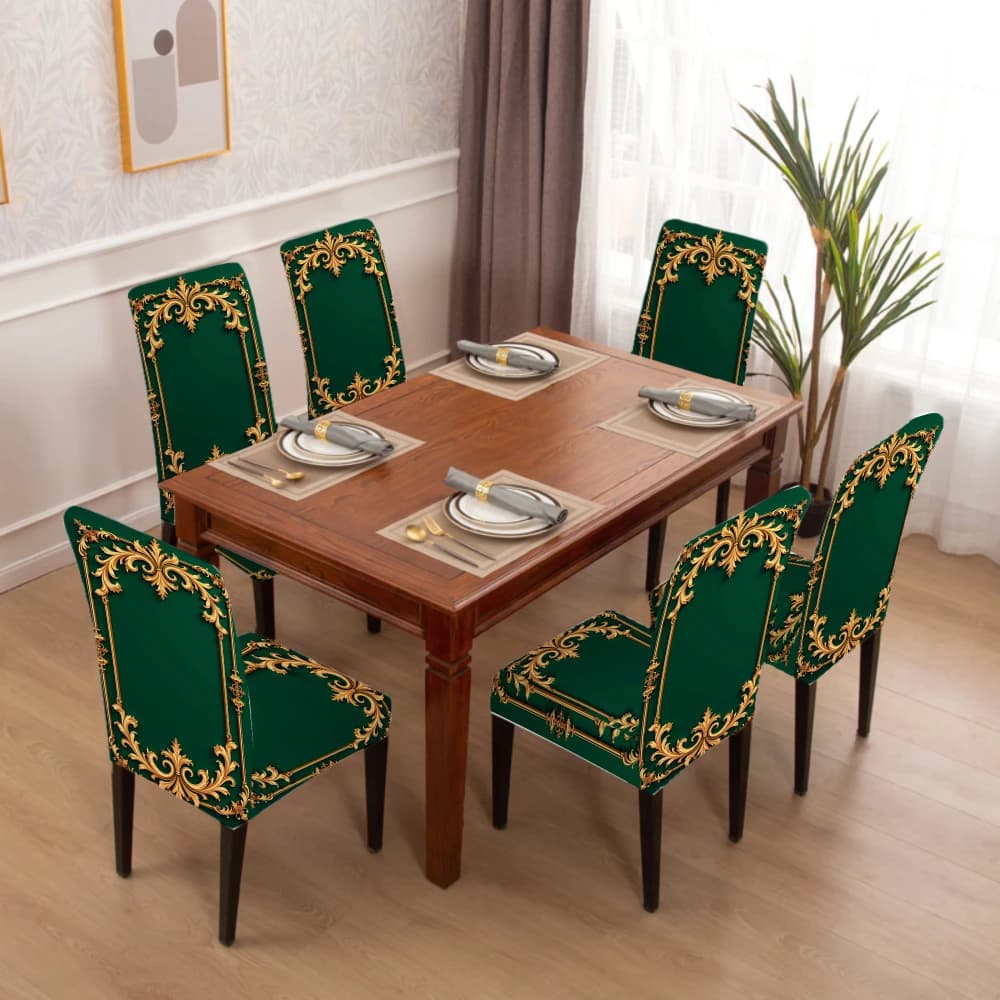 4/6pcs Elastic chair cover Green Embroidered Dining Room Seat Covers Set for Home Decor Protector with Gold Pattern