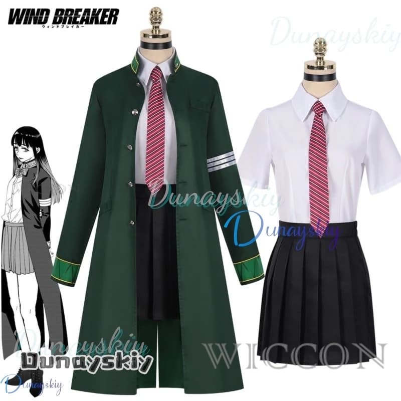 Giacca a vento Anime Tasuku Tsubakino Costume Cosplay Verde Trench lungo Gonna uniforme Camicia bianca Cravatta girocollo