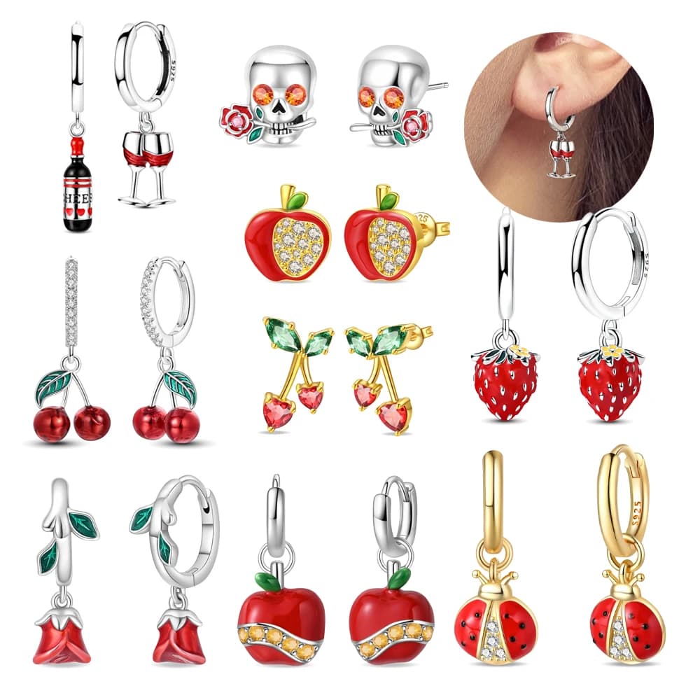 Serie rossa Orecchini in argento sterling 925 con mela, fragola, ciliegia, rosa, coccinella, bicchiere di vino, divertenti regali per feste di compleanno