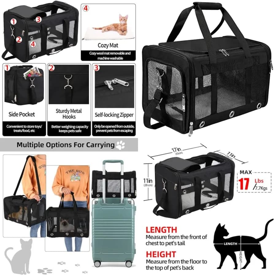 Trasportino Morbido per Gatti/Cani, Trasportino da Viaggio Pieghevole per Animali Domestici/Cuccioli con Tracolla e Tappetino Rimovibile, Esportabile sul Tetto del Veicolo