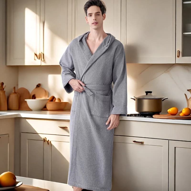 Solid color soft man shower bathrobe towel fleece pockets along bathrobe home dress nightwear pyjamas men's bathrobe