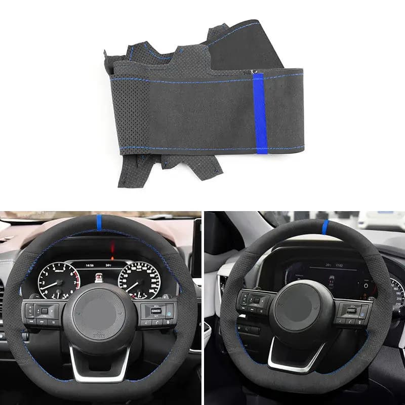 Per Nissan Qashqai J11 J10 Leaf X Trail Tiida Kicks Versa Ju 2023 Pelle scamosciata traforata Linea blu Coprivolante per auto