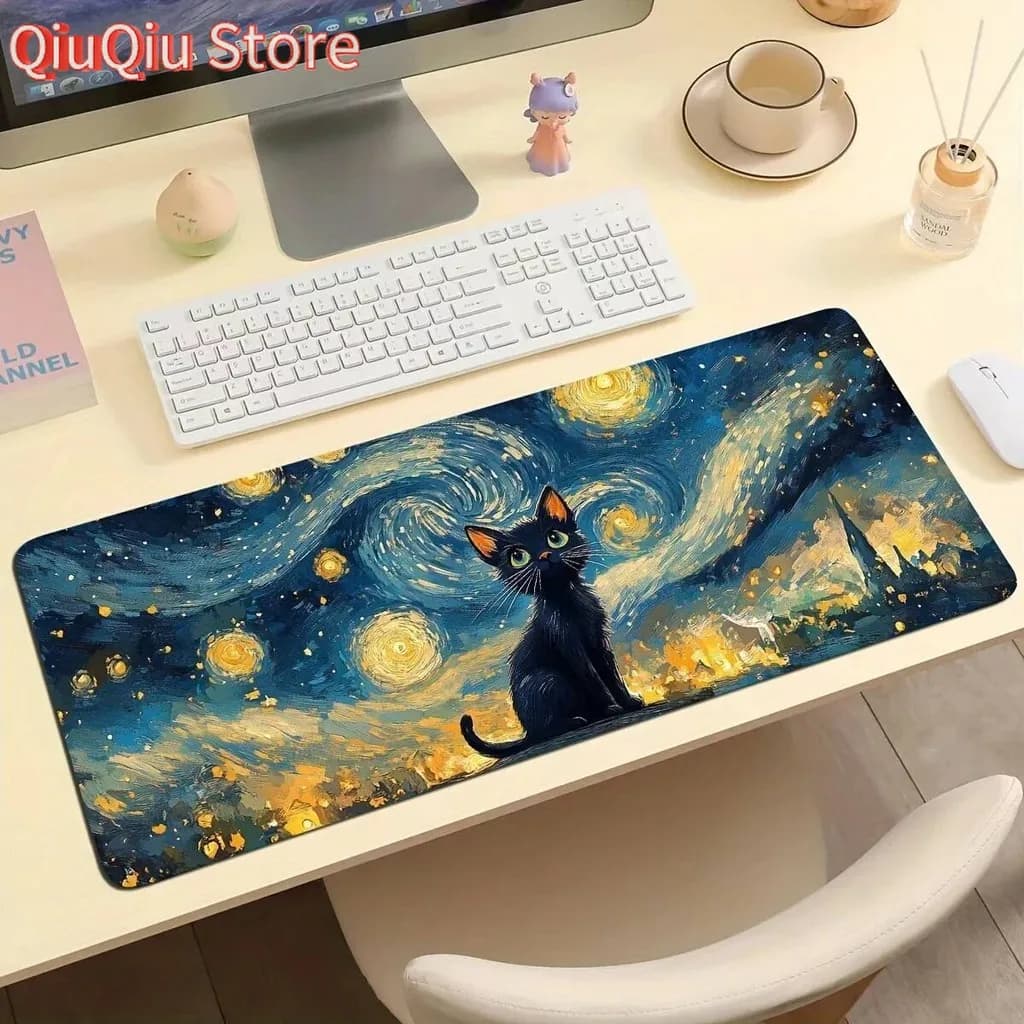 Van Gogh Notte stellata Kawaii Cat Mouse Pad Grande tappeto da gioco Home Office Computer Tastiera portatile Gamer Tappetino da scrivania in gomma antiscivolo