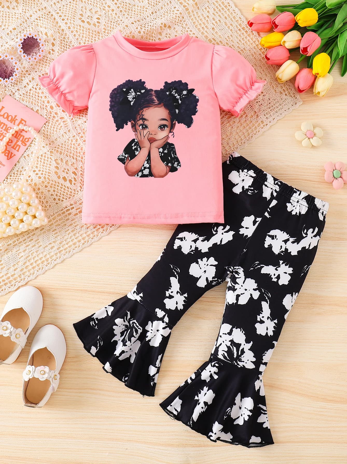 T-shirt intrecciata per bambina da 0 a 3 anni + pantaloni a zampa d'elefante, set di abbigliamento alla moda