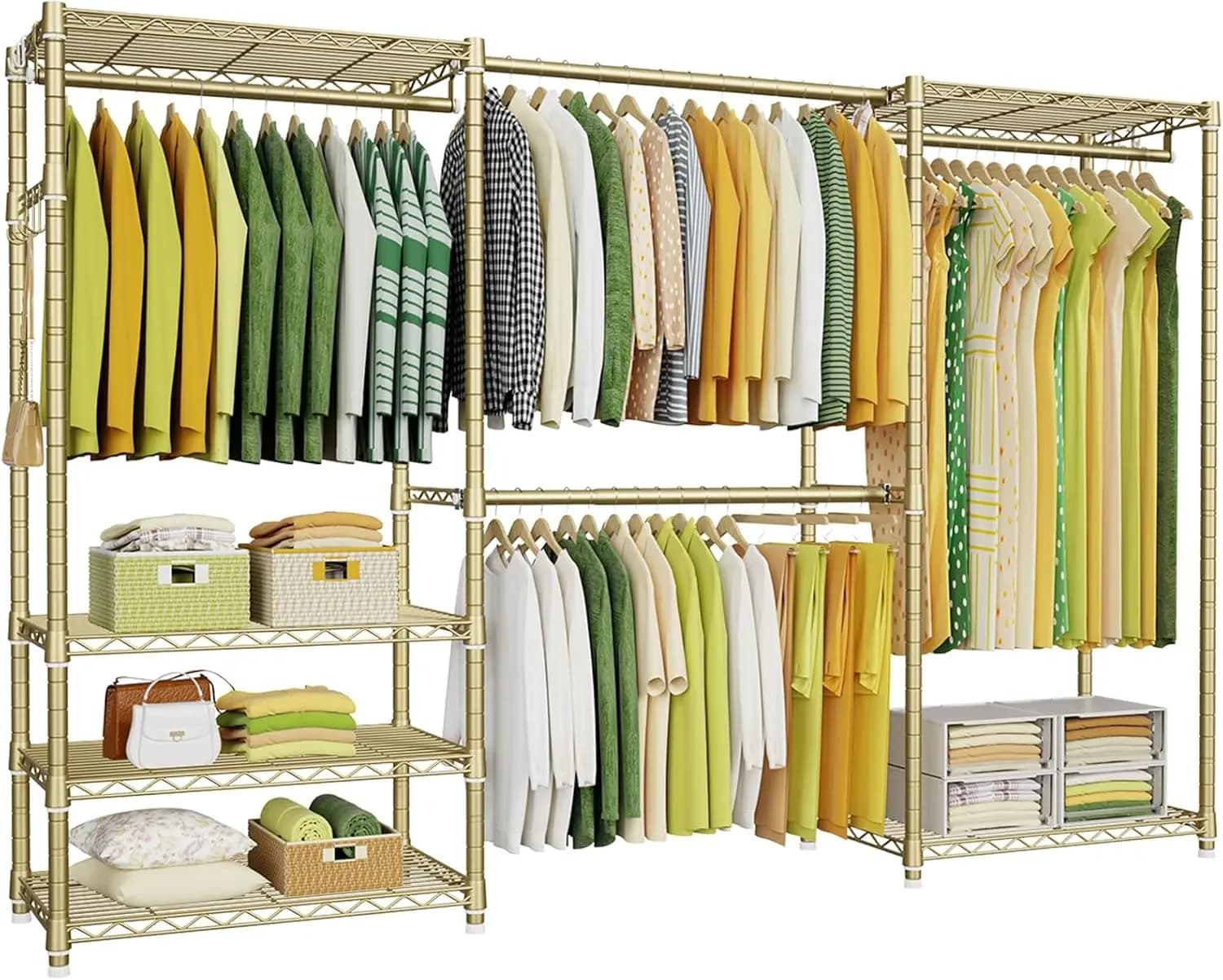 Appendiabiti regolabile, appendiabiti a 6 livelli per carichi pesanti con 4 barre appendiabiti, 71,4"H x (70"-88,2")L x 14"D, Oro