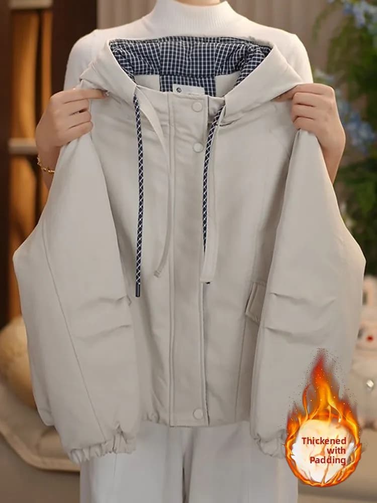 Korean Style Hooded Drawstring Cotton Jacket Women's Pure Color Sandwich Cotton Outerwear Short Length Zipper Closure