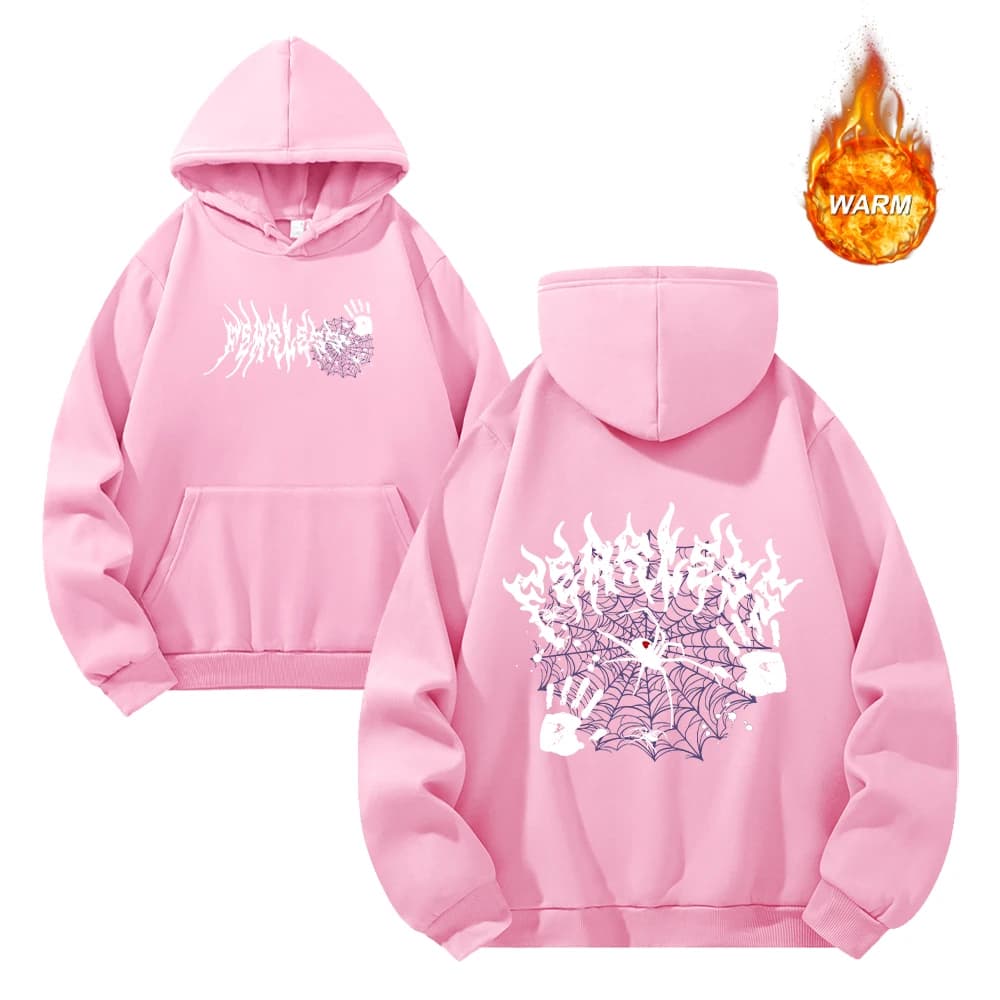 Men's Creative Spiderweb Print Hoodies Autumn And Winter Thickened Casual Sweatshirt Loose Fit Trendy Retro Commuter Top