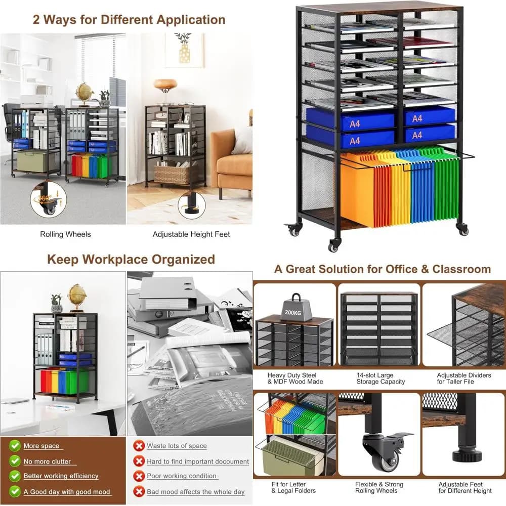 Carrello portadocumenti mobile con organizer per posta a 14 slot, portaoggetti sotto la scrivania per file di lettere/legali, supporto per stampante per ufficio/casa/chiusura