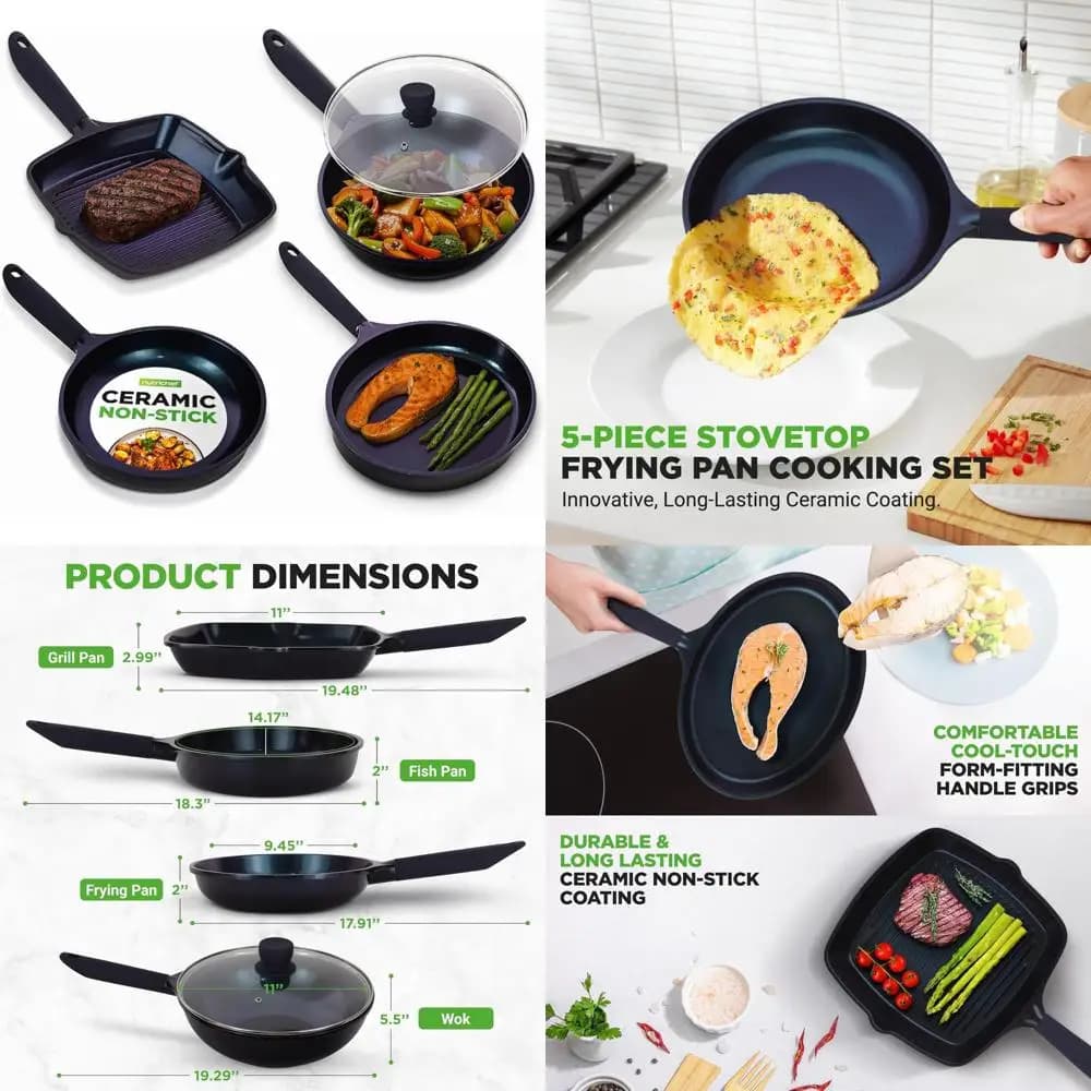 Set of 5 pieces ceramic non-stick pots: pans, wok, grill, pans and fish for all cooking floors with Cool-Touch handles