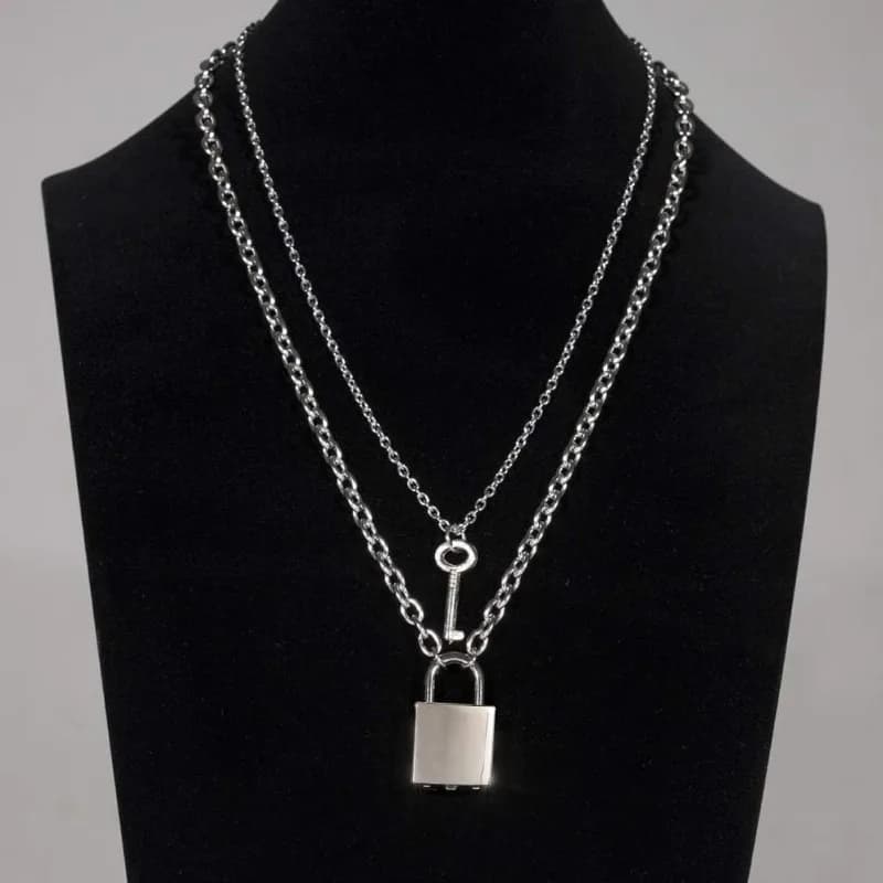 Stainless Steel Lock Key Pendant Long Chain Punk Multilayer Statement Choker Necklaces for Women Men Boy Girls 50/60/70cm