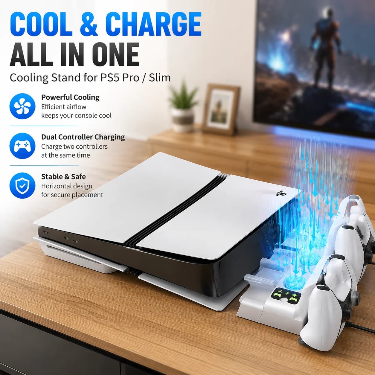 Cooling Stand for PS5 Pro/Slim with Dual Controller Charger Dock, Horizontal Flat Base Holder Accessory, ABS Material