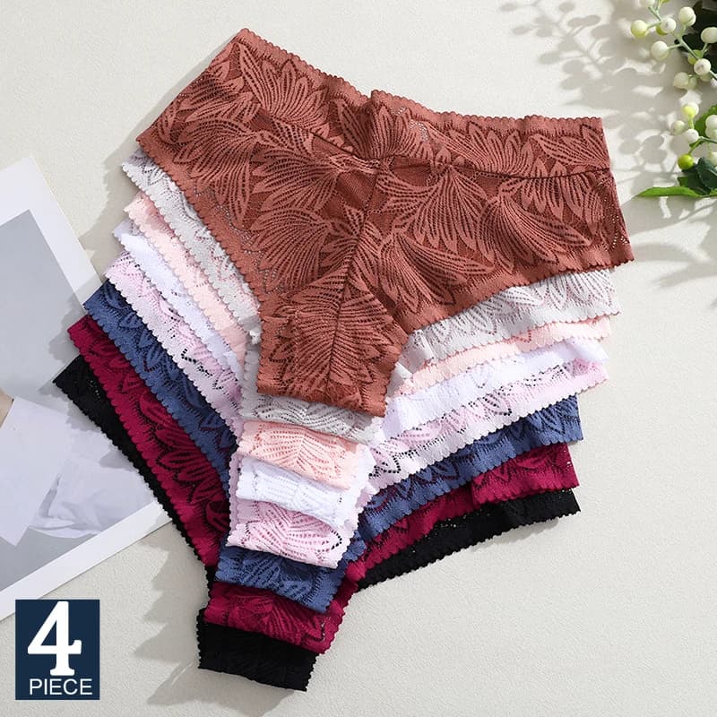 FINETOO 4PCS Perizoma in pizzo floreale Prospettiva sexy G-String a vita media T-back Intimo femminile traspirante Biancheria intima brasiliana