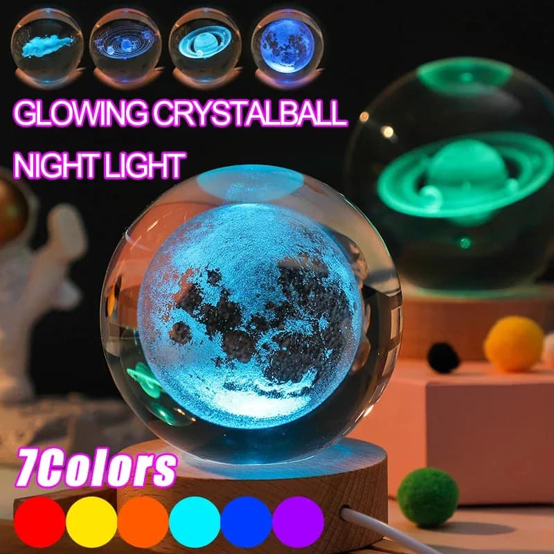 Lampada Sfera di Cristallo 3D Unica con Proiezioni Galattiche e Planetarie, Luce Notturna USB RGB 7 Colori Dimmerabile, Luci d'Atmosfera, Regalo