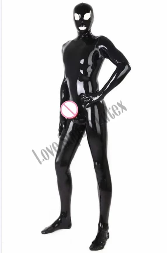 Catsuit fetish in lattice a copertura totale da uomo Body Zentai sexy con guaina frontale Tuta in lattice per adulti Calzini e guanti con cappuccio attaccati