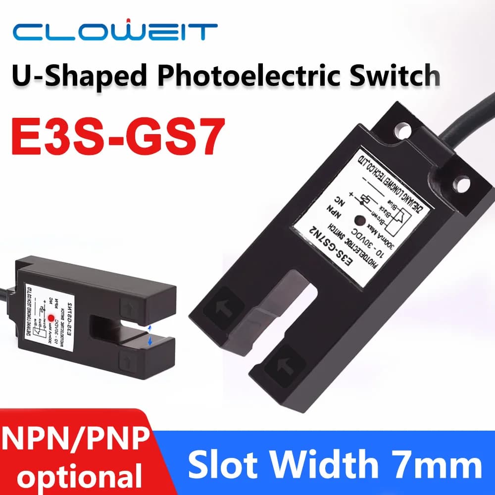Cloweit PhotoElectric Adjustable Infrared Sensor Switch Detection 7mm Through Beam Groove U-shaped ABS DC12V 24V E3S-GS7 NPN PNP