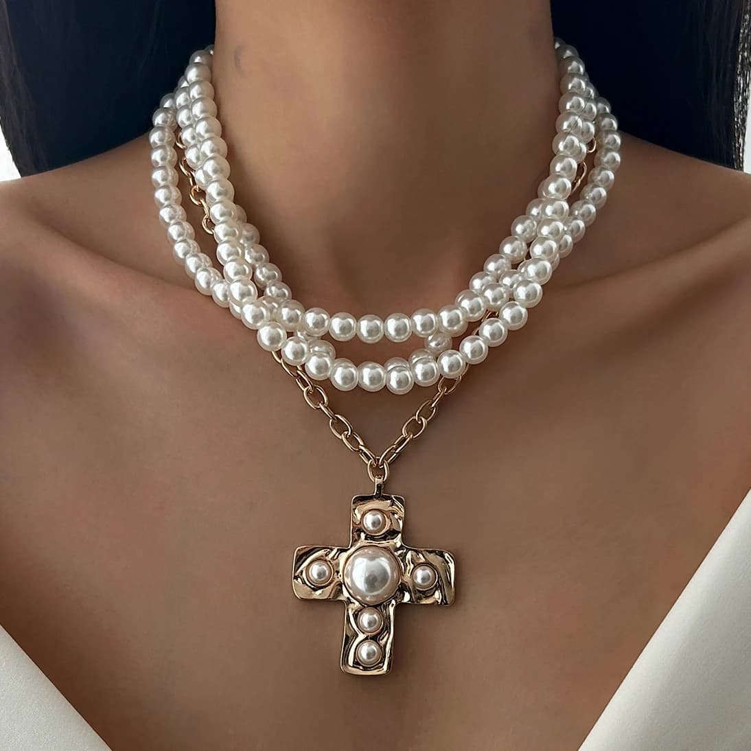 SHIXIN Elegant Multilayer Smooth Imitation Pearl Long Necklace for Women Trend Jesus Cross Pendant Necklace Banquet Neck Jewelry