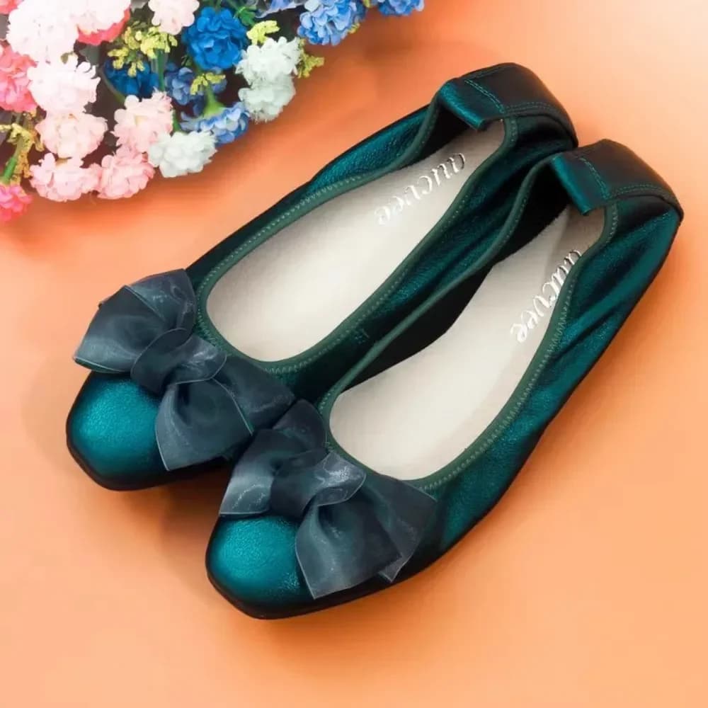 2024 Summer Genuine Leather Bowknot Women's Dance Round Toe Comfort Slip-On Moccassini Women's Leather Singles Shoes