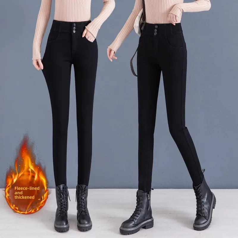 Jeans da donna a vita alta, foderati in pile, ispessiti, modellanti ed elasticizzati, stile coreano, per il commuting, moda autunno inverno