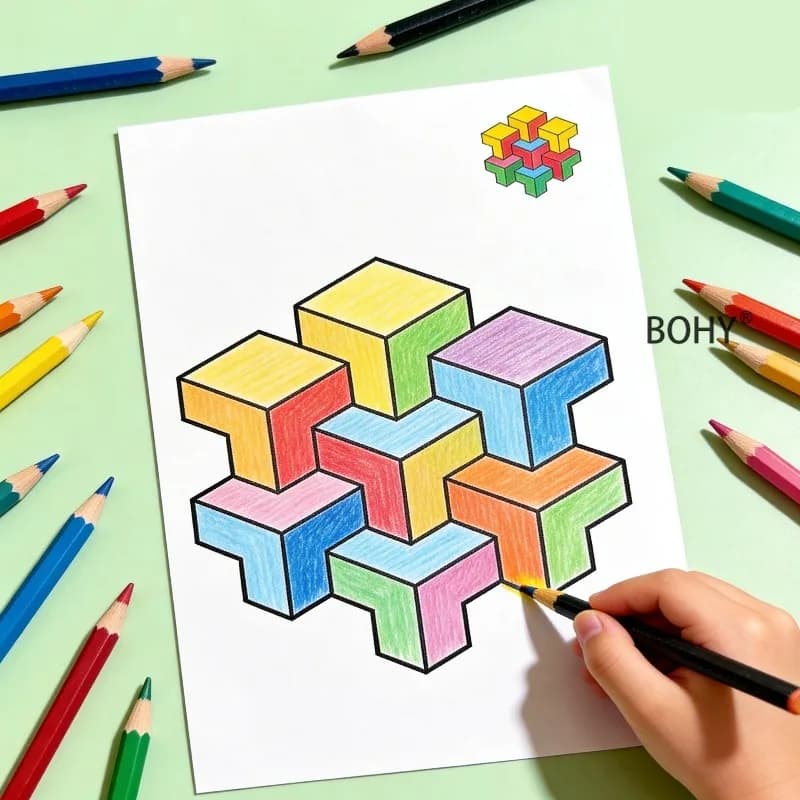 1 Loose Leaf Sketchbook of Geometric Three-dimensional Copying and Coloring 16 Pages Illustration Perspective Technique Practice