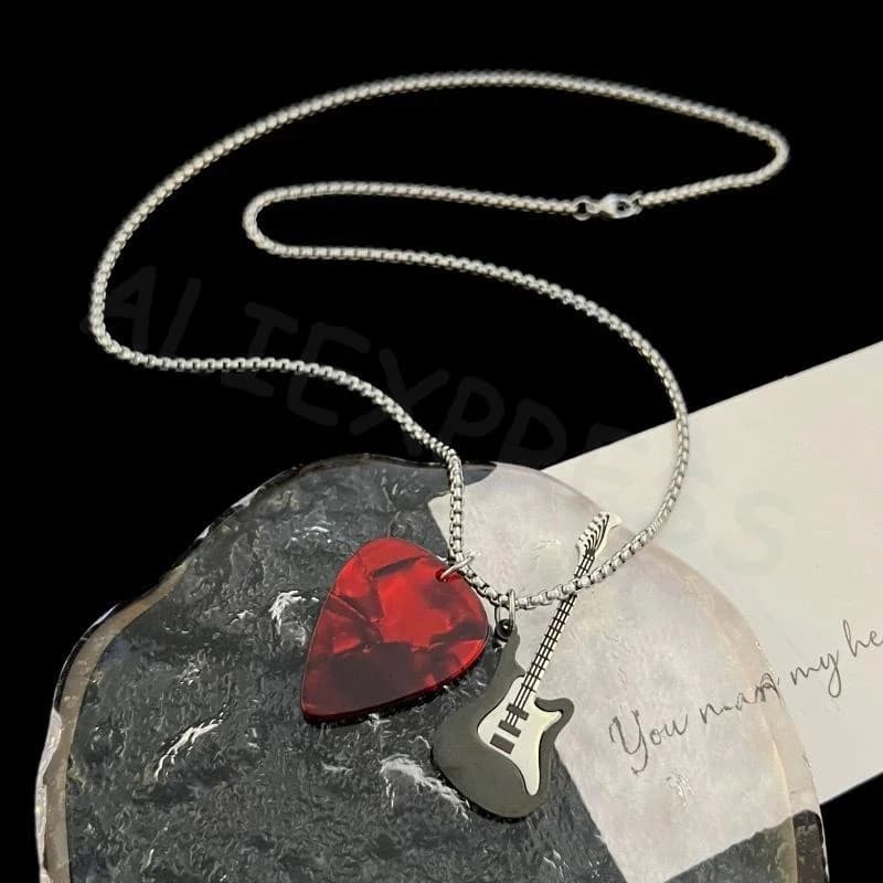 Collana Trendy Vintage con Ciondolo a Forma di Chitarra Elettrica, Catena Hip-hop per Ragazzi, Ciondolo a Plettro, Collana Punk in Acciaio al Titanio, Choker a Catena con Chitarra