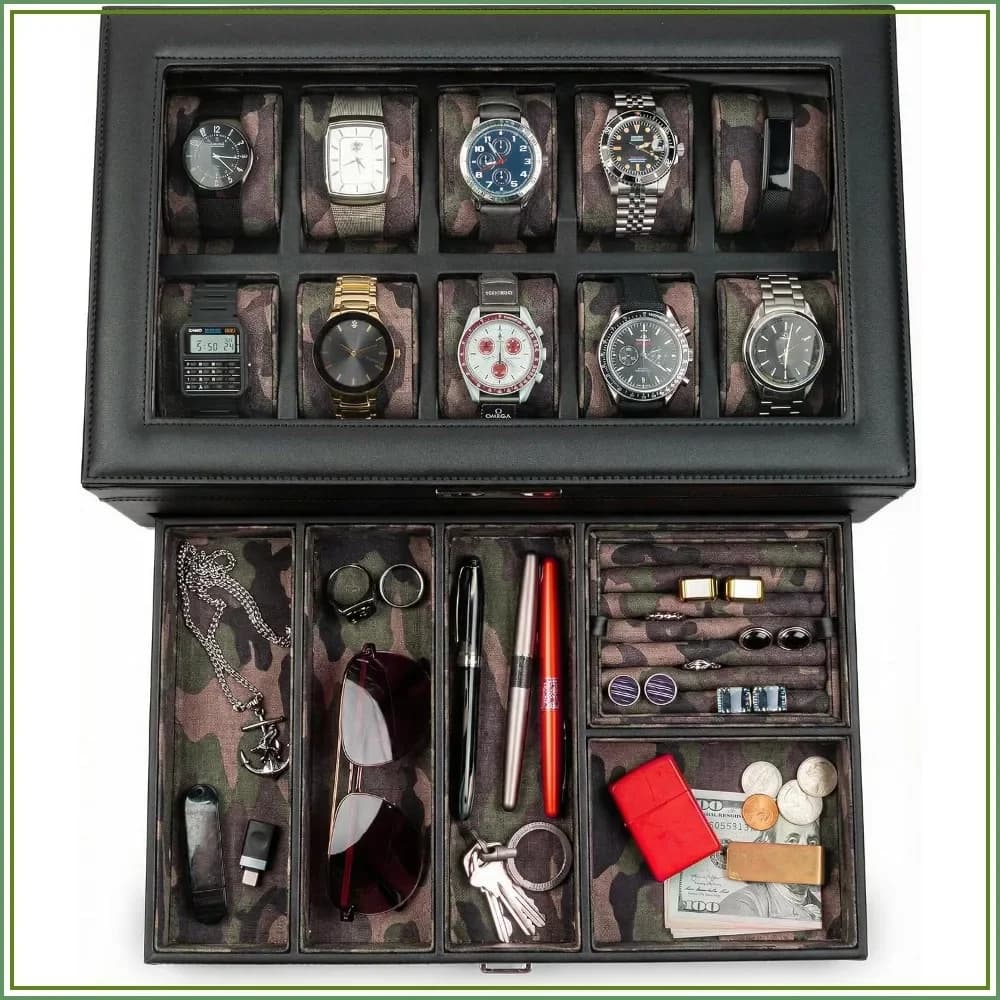 Large Watch Box & Jewelry Organizer for Men, Camo Gift, Watch Display & EDC Storage Drawer