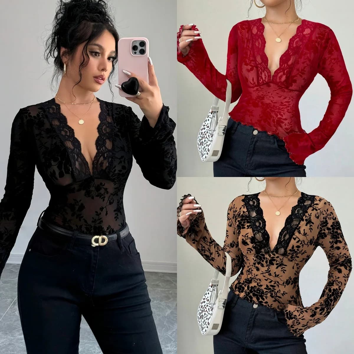 2025 T-shirt con scollo a V da donna Patchwork in pizzo Slim-fit Fashion Top svasato manica lunga Sexy Hot Girls T-shirt versatili per donna