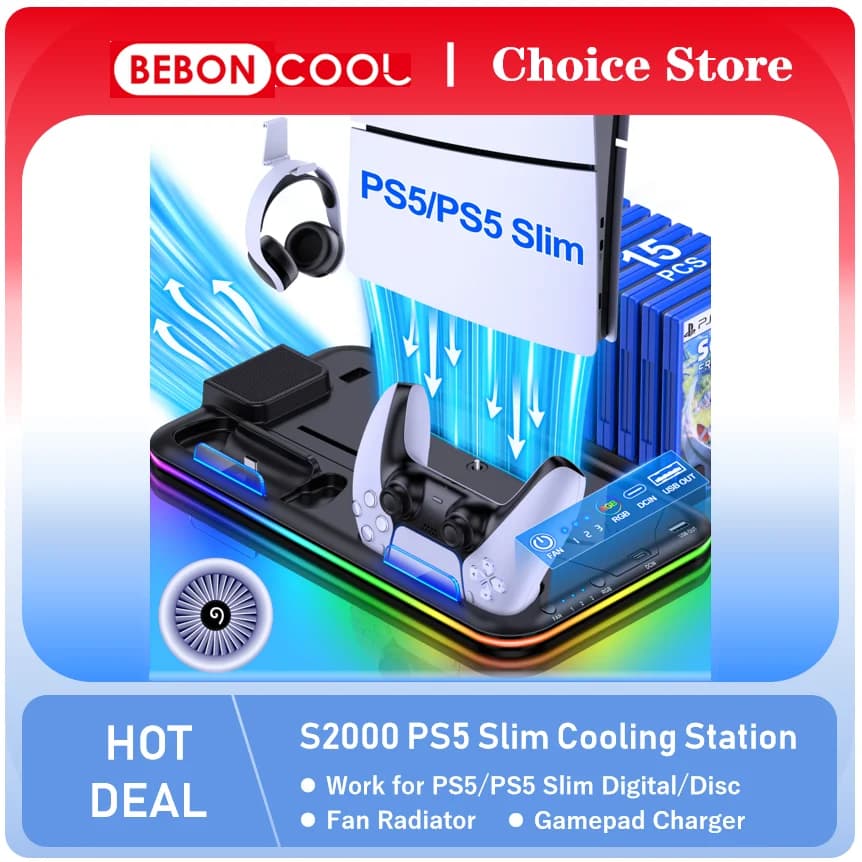 BEBONCOOL S2000 supporto verticale RGB per il nuovo caricatore PS5 del dispositivo di raffreddamento del Notebook della stazione di raffreddamento PlayStation 5 Slim/PlayStation 5