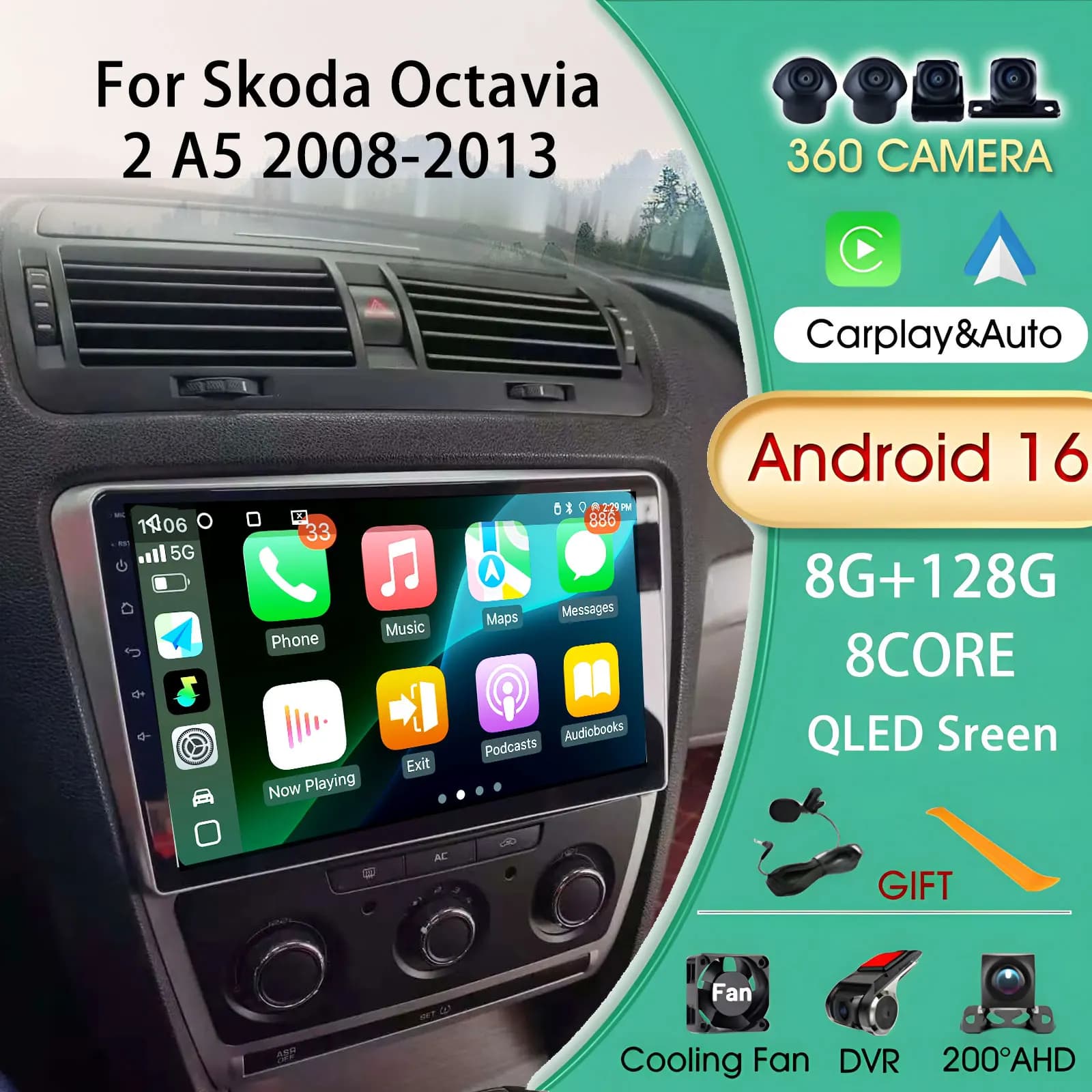 Autoradio Multimediale Automotive Carplay Per Skoda Octavia 2 A5 2008-2013 Android Auto Video Senza Fili Auto Stereo Subwoofer Auto