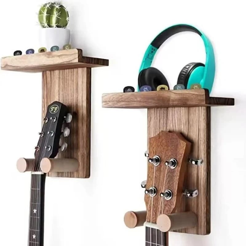 Supporto da parete per chitarra Gancio per chitarra in legno Supporto per chitarra Supporto per gancio con ripiano Porta plettro per basso elettrico acustico Ukulele